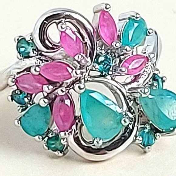 Natural Emerald 6x4mm & Ruby 925 Sterling Silver Ring Sz 6.5 - Picture 5 of 7